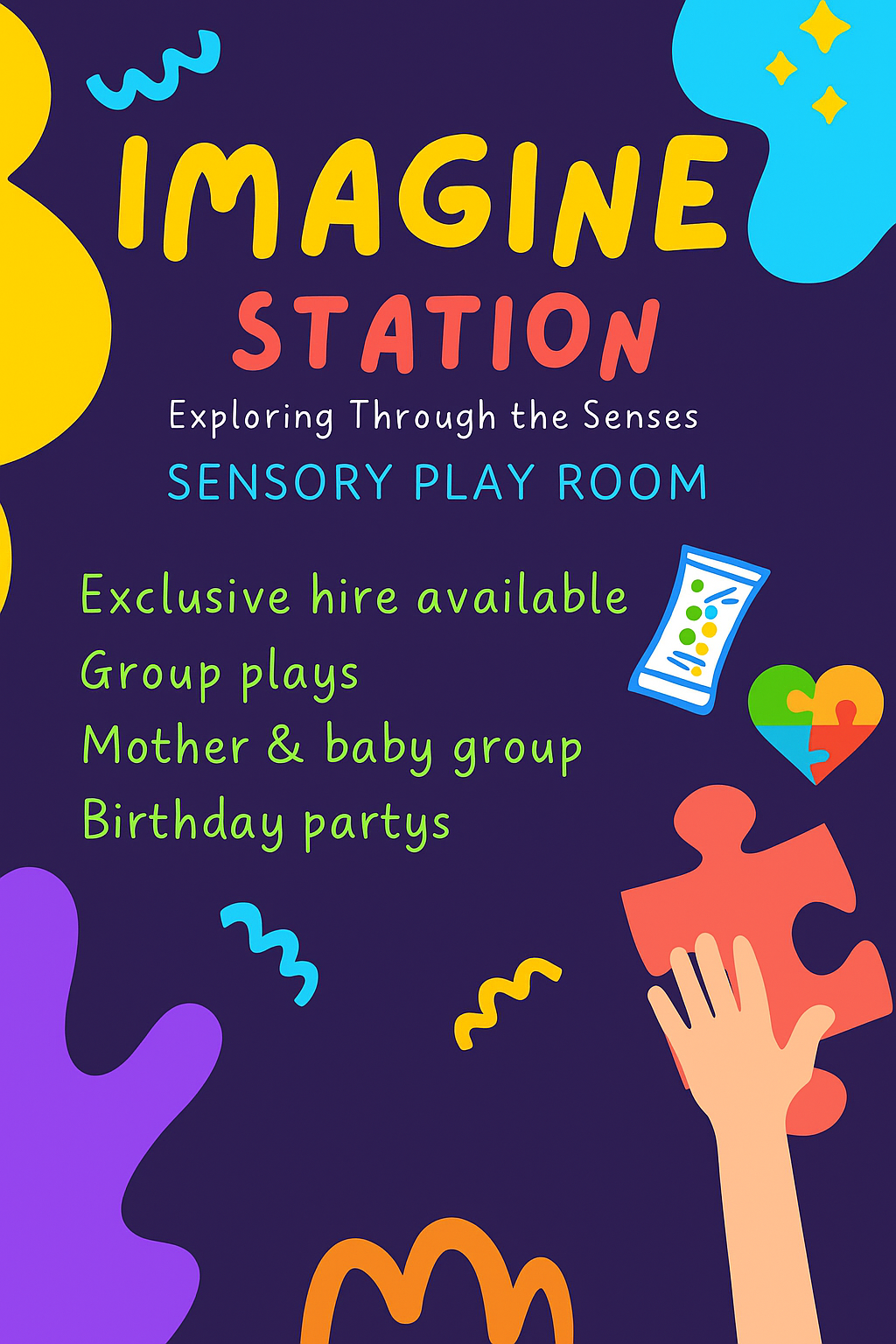Graphic of sensory equipment including a rainbow arch, exercise ball, bean bag, and stackable toys representing Imagine Station’s services